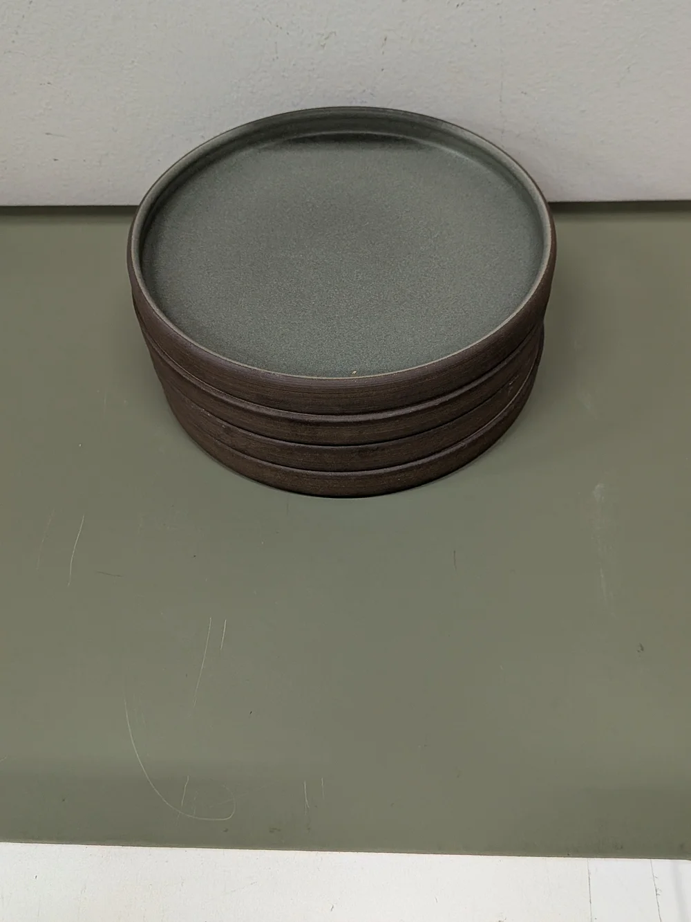 Jono Pandolfi Set Of 4 Salad Plates. Square Sided. Green & Brown.
